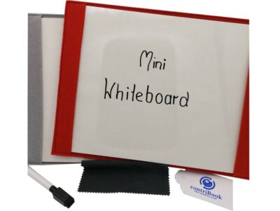 Das Bild zeigt ein Mini Whiteboard mit grauem Filzeinband und ein mobiles Whiteboard mit rotem Einband aus Filz.