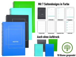 Wiederbeschreibbares Notizbuch bunt mit To Do Liste, Tagesplaner, Wochenplaner, karierte Seiten, linierte Seiten, blanke Seiten, gepunktete Seiten und Ideenliste. Größe des Notizbuchs ist A5.
