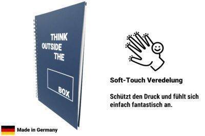 Notizbuch mit "Think Outside the Box" Softcover und Softtouch Veredelung.