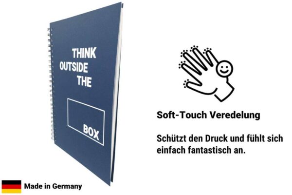 Notizbuch mit "Think Outside the Box" Softcover und Softtouch Veredelung.