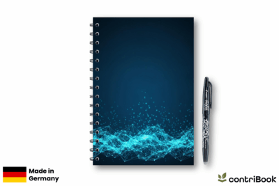 Notizbuch ‚Ideas in Motion‘ mit modernem blauen Wellen-Design – Titelbild, A4/A5 Spiralbindung